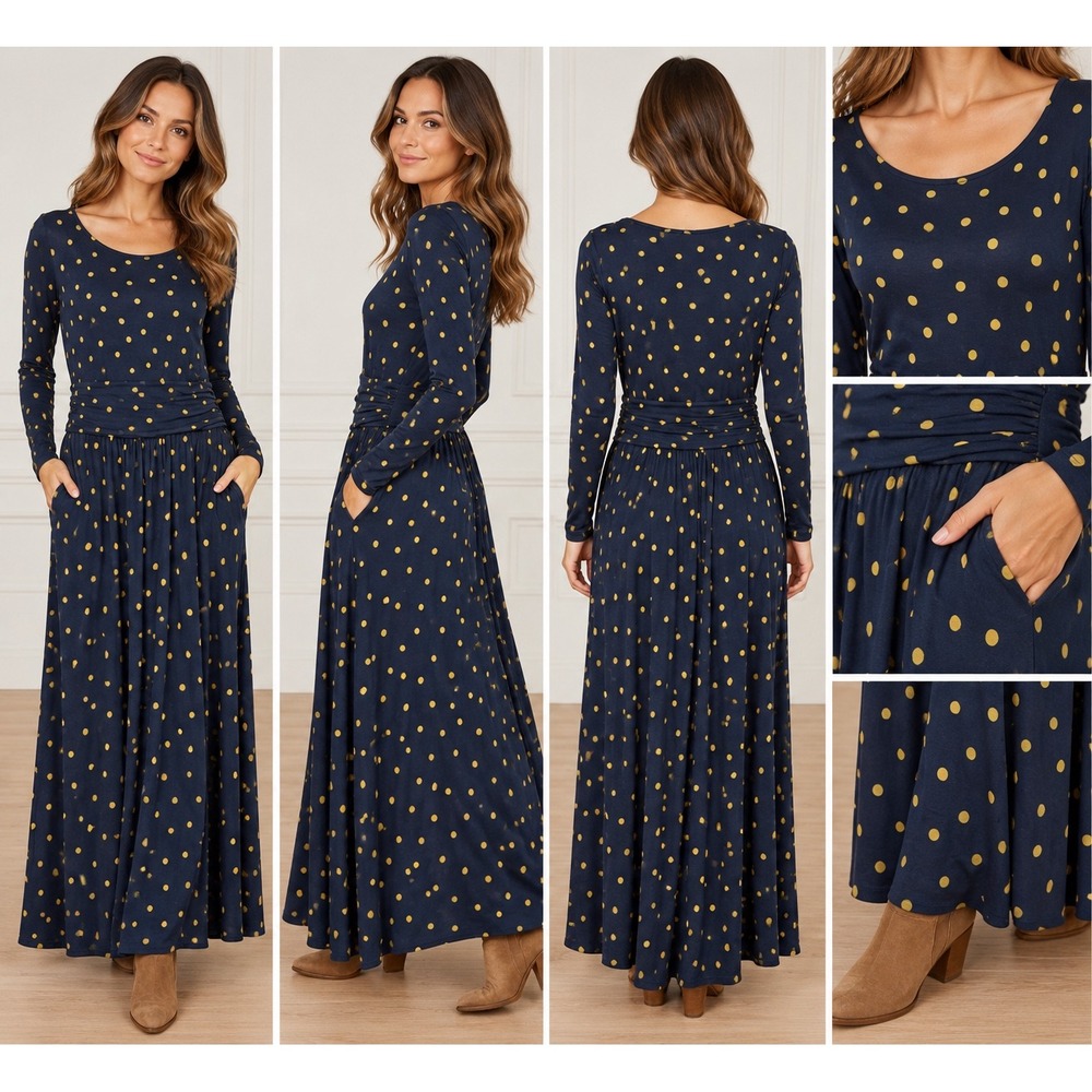 Boden Navy Blue Yellow Polka Dot Jersey Maxi Dress Long Sleeve Pockets US 12R